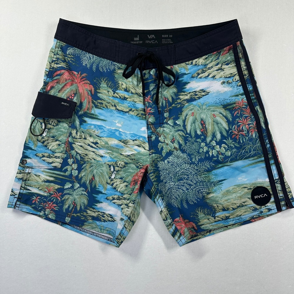 RVCA Board Shorts Mens 32 Blue Tropical Palm Tree Landscape Print Swim Trunks